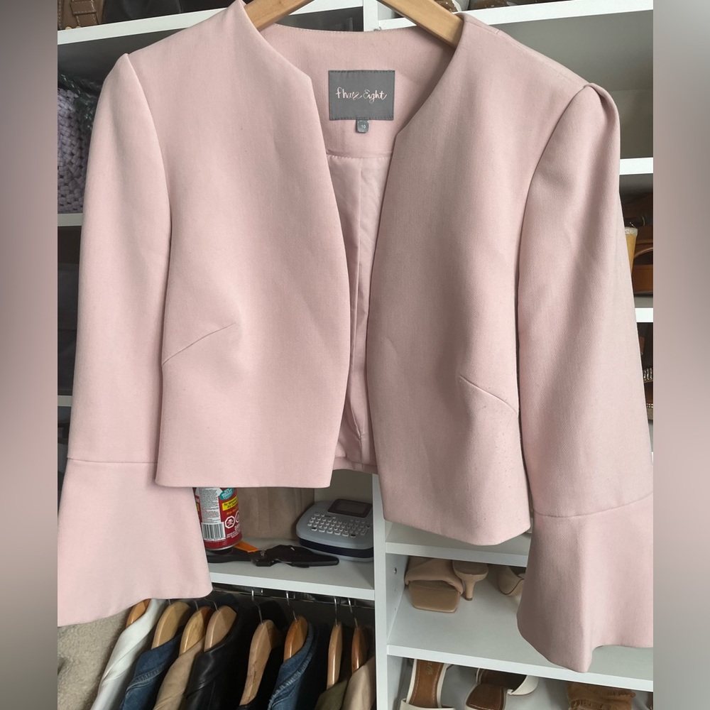 Pink crop blazer with ruffle sleeve